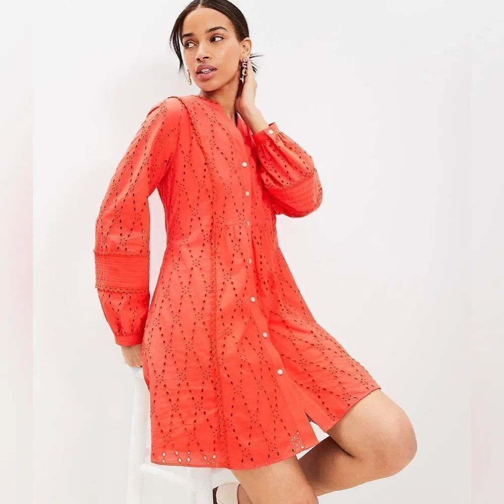 LOFT Women's Eyelet Lace Trim Swing Dress 100% Cotton in Coral Size XSP